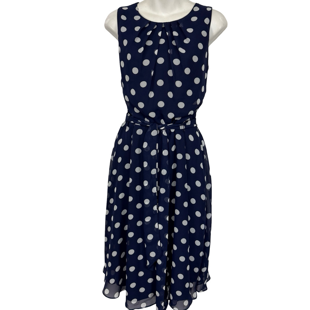 JH Womens Navy White Polka Dot Chiffon Sleeveless Knee Length Dress Lined sz 10